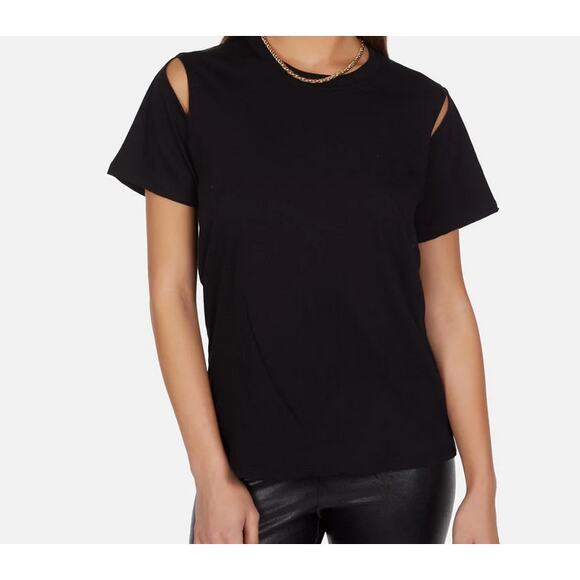 ME+EM Women's 6 New Black Ribbed Knit Split Shoulder Layered Casual Tee - Picture 1 of 8